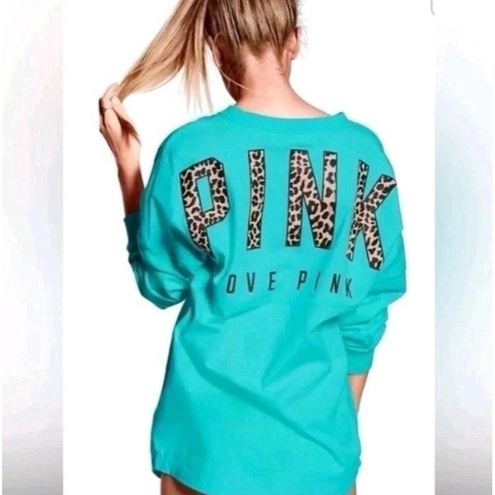 Victoria's Secret Teal Green Oversized Cheetah Graphic Logo Sweatshirt Sz Small